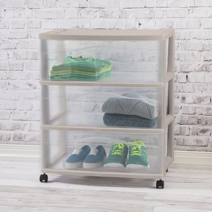Sterilite 4 Pack Wide 3 Drawer Storage Cart, Rolling Organization, Grey | Clear Plastic Organizer Drawers with Wheels for Craft Supplies, Bath Essentials, or Home Accessories