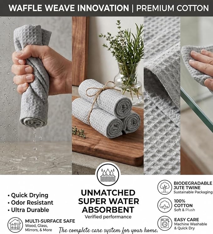 Urban Villa Kitchen Towels Waffle Dish Towels for Kitchen Smoke Color Set of 6 Over Sized 18x28 Inches Kitchen Towels Highly Absorbent 100% Cotton Mitered Corners Kitchen Hand Tea Towels Dish Cloths