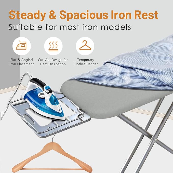 Ironing Board Full Size, 52x14 Inch Iron Board with Steam Rest, Heavy Duty Metal Frame Legs Foldable Ironing Stand, Non-Slip, 7 Height Adjustable, Gray