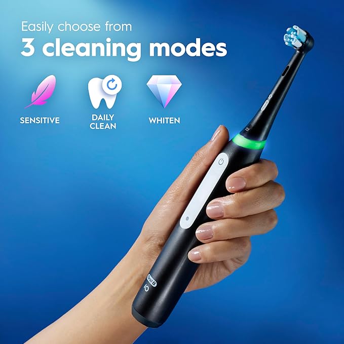 Oral-B Rechargeable Electric Toothbrush, iO3 Limited Deep Clean, 3 Cleaning Modes, Visual Pressure Sensor to Protect Gums, 2 Brush Heads, Travel Case, White