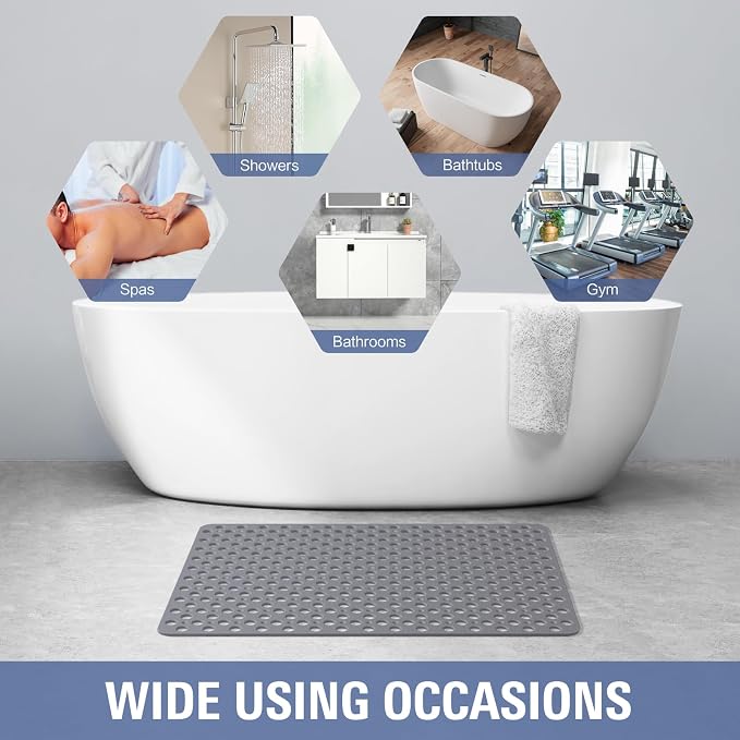 OTHWAY Large Shower Mat, 35"x 24" TPE Shower Mat Non Slip, Heavy Shower Floor Mat with Drain Holes and Suction Cups, No Odor Shower Mats for Inside Shower for Elderly Bathroom(D-Grey)