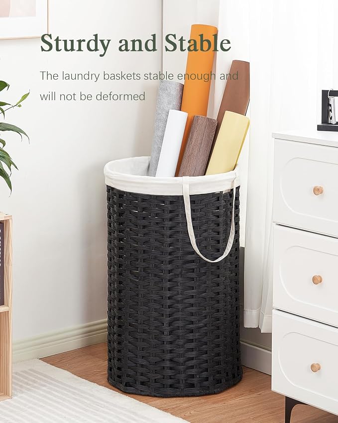 SETVSON 34.3 Gal (130 L) Large Laundry Hamper Laundry Basket Round Handwoven Wicker Laundry Baskets Rattan Laundry Basket with Removable Bag Handles 2 Mesh Bags for Living Room Bedroom Black (No Lid)