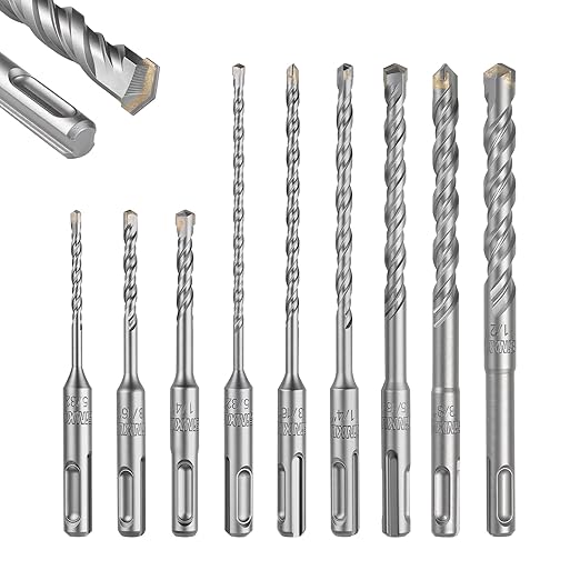 GEINXURN 9PCS 5/32" x 4" to 1/2" x 6" Double Thread Rotary Hammer Drill Bits Set, Masonry Drill Bits Tool Set Carbide Tipped, Drilling in Brick, Stone and Concrete, Cement Walls