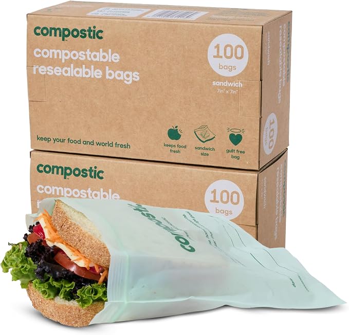 Compostic Compostable XL Sandwich Bags (180 + 20 Count) Bulk Pack — Resealable Zip-Seal, Plant-Based, Home Compostable, Freezer & Microwave Safe, BPA-Free, Non-Toxic, GMO-Free Food Storage Bag