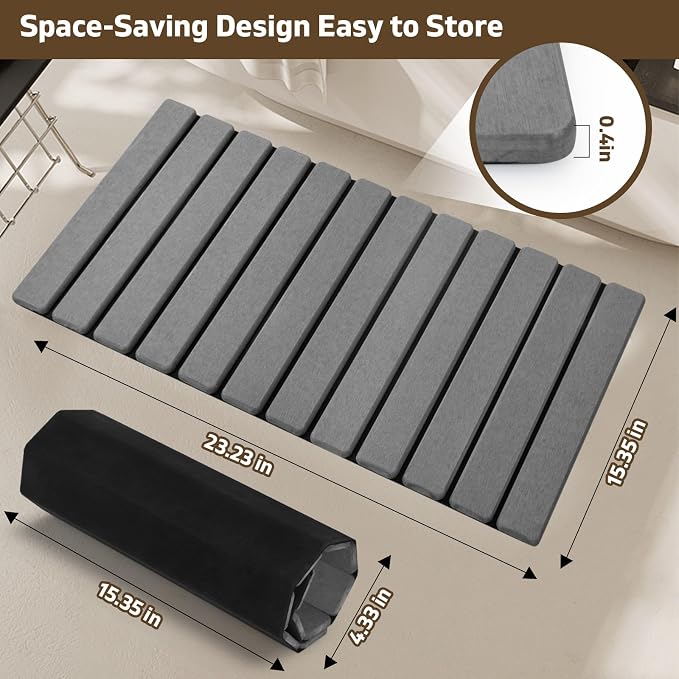 Extra-Large Foldable Stone Bath Mat for Bathroom, 2 Pcs Super Absorbent Diatomaceous Earth Bath Mat with Anti-Slip Leather Base, Quick Drying Modern Bath Stone Mat (Grey, 28" x 16" & 8" x 4")
