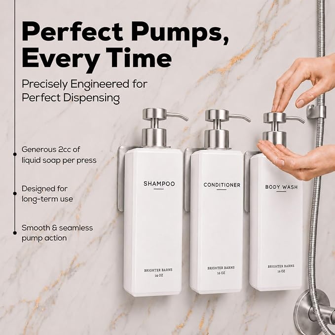Luxury Shampoo and Conditioner Dispenser Set Wall Mounted by Brighter Barns - Refillable Shower Dispenser with Stainless Steel Pumps - Shampoo Bottles 3 Chamber No Drill for Airbnb, Spa, Hotel (White)