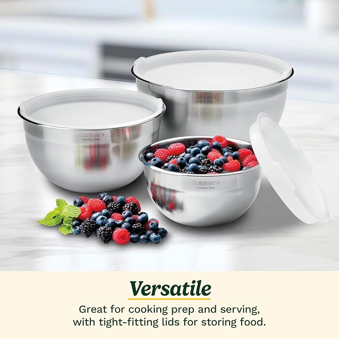 Cuisinart Mixing Bowl Set, Nesting Bowls, Stainless Steel, 3-Piece | 1.5, 3 & 5 qt. stainless steel mixing bowls for baking, cooking & prep, dishwasher safe, durable & compact, CTG-00-SMB