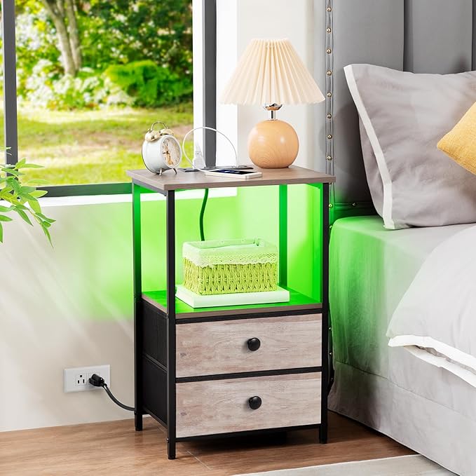 Nightstands Set of 2, LED Night Stand with Charging Station | Bedside Table with Type-C Outlets & 2 Fabric Drawers, End Tables with Storage Shelf for Bedroom, Small Spaces, Grey