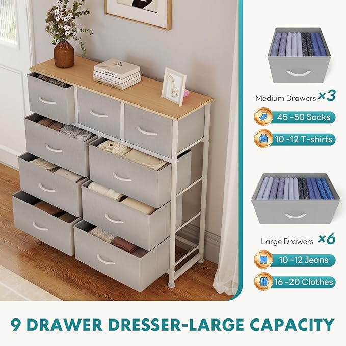 OLIXIS 9 Drawer Storage Dresser with Wood Top - Wide Fabric Chest Organizer for Bedroom, Closet, Living Room,Tower Cabinet, TV Stand, Hallway Entryway Furniture,Light Grey