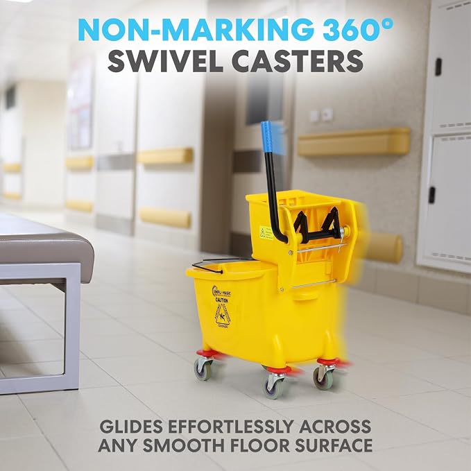 Simpli-Magic Side Press Wringer Combo Commercial Mop Bucket on Wheels, 35 Quart,Yellow, Including Wet Floor Caution Sign and Set, Polyethylene