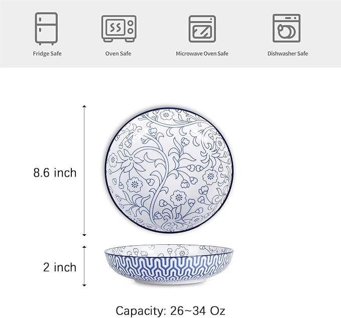 Selamica Ceramic Pasta Bowls Set 34 OZ, Large Salad Bowls 8.6 Inch Dinner Bowls for Kitchen, Wide Shallow Bowls Deep Plates for Pasta Soup, Microwave & Dishwasher Safe, Set of 6, Vintage Blue