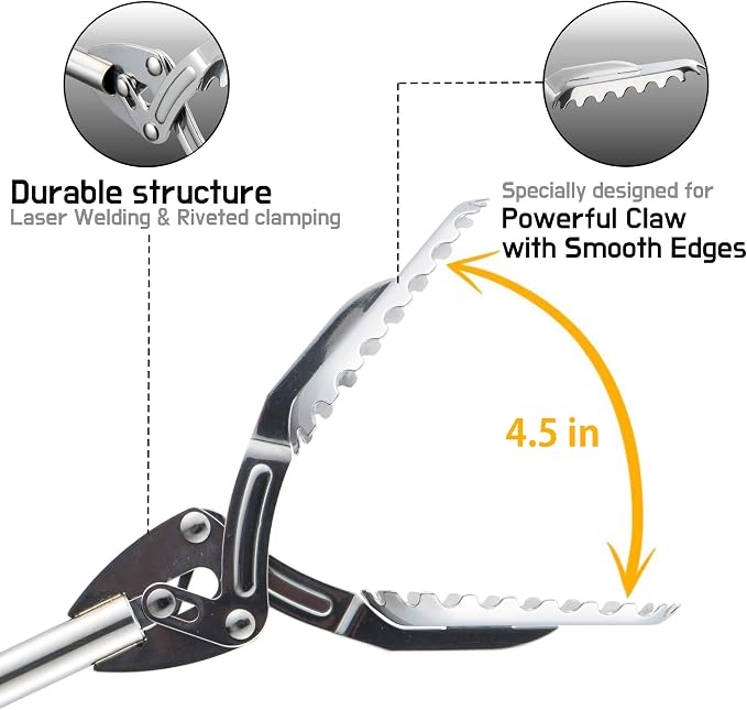 FTH Stainless Steel Grabber Reacher Pickup Tool Heavy Duty Trash Picker 31" | Log BBQ fireplace pits snake tongs plogging tool no wire design outdoor yard cleanup litter picker leaves branches sticks