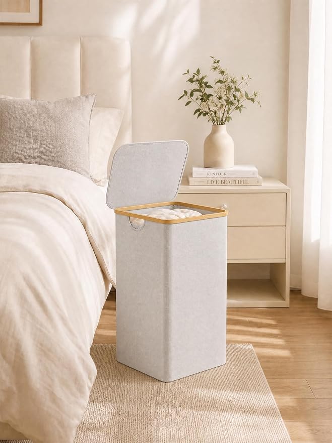 iEGrow 110L Laundry Basket with Lid, Laundry Hamper with Bamboo Handle,Clothes Basket Organizer with Removable Inner Bag for Clothes Towels,Light Grey