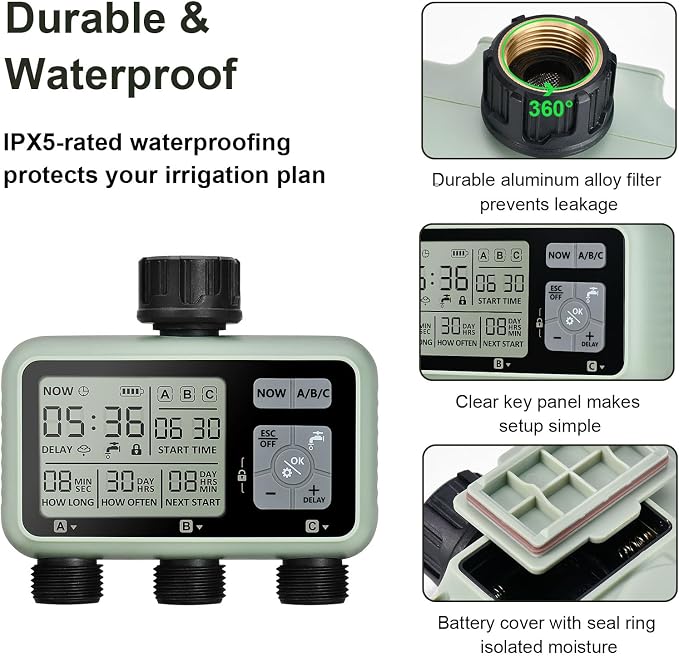 Watering Timer 3 Zone, Sprinkler Timer, Programmable Garden Outdoor Hose Faucet Timer with Rain Delay, Auto & Manual Watering System,Water Hose Irrigation Timers 3 Outlet for Garden Lawn