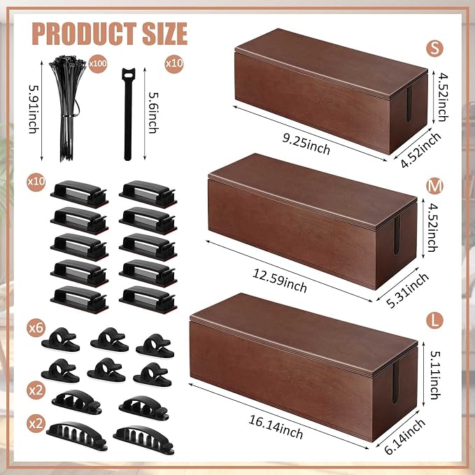 3 Pcs 3 Size Wooden Cable Box Organizer Set with 130 Pcs Cable Management Kit, Desk Cord Hider Cord Holder to Hide Wires Power Strips(Walnut Color)
