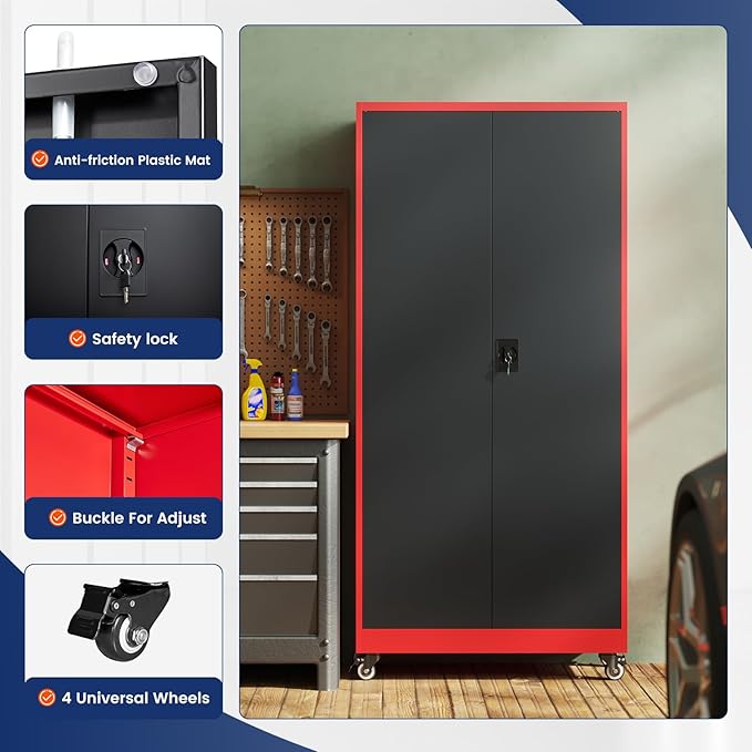Metal Garage Storage Cabinet with Locking Doors and Adjustable Shelves,- 75" Rolling Steel Tool Cabinet for Home Office,Garage,Warehouse