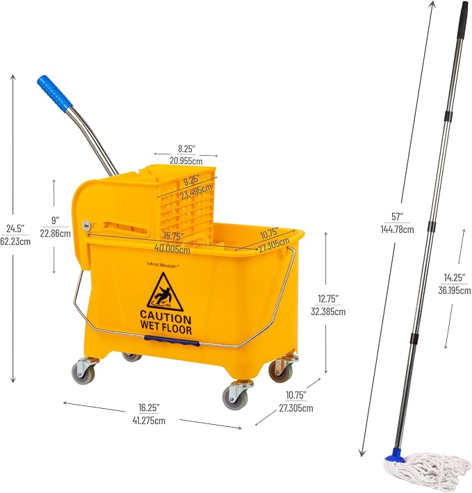 Mind Reader Mop and Bucket Set with Wringer, Mop Included, 5.5 Gallon Cleaning System with Wheels, Upward Press Wringer, Small Mop Compatible