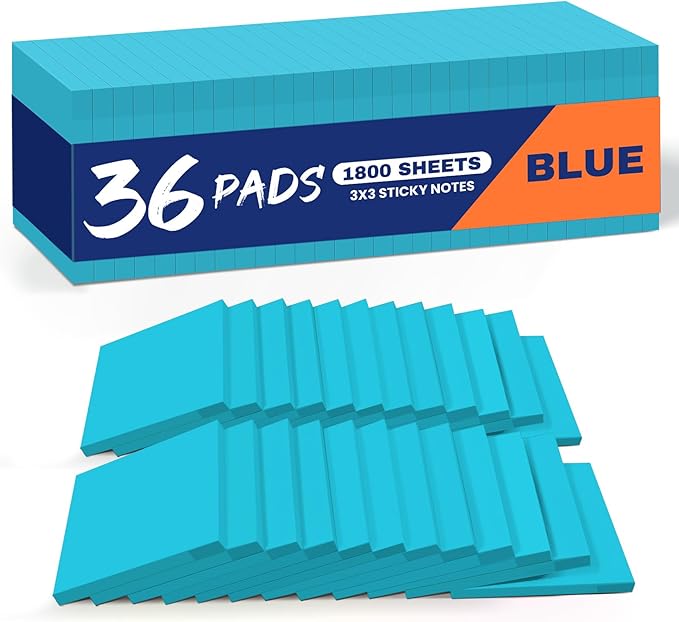 Sticky Notes, 36 Pads, 3x3 Inches Self-Stick Note Pads, Perfect for Office, Study, and Daily Life Organization - Blue