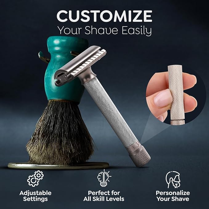 Parker THE VARIANT CLOSED COMB - ADJUSTABLE Double Edge Safety Razor, Customize your Shave with a Turn of the Dial from Mild to Aggressive - 5 Blades Included (SATIN CHROME) | Closed-Comb Head And Five Adjustable Settings Let Users Customize Comfort An...