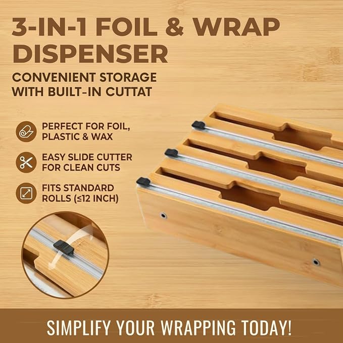 9 in 1 Storage Bag Organizer for Kitchen Drawer, Bamboo Foil and Plastic Wrap with Cutter, Ziplock Bag Organizer for Quart, Gallon, Sandwich & Snack Bags - Aluminum Foil Organizer
