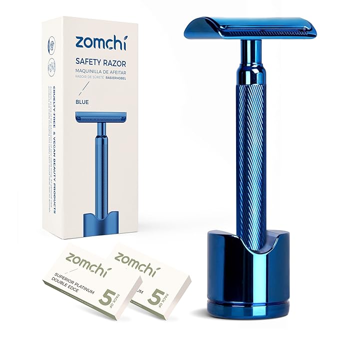 Double Edge Safety Razor with Stand, Version 2.0 Includes 10 Blades | Premium noble blue finish with a vibrant metallic appearance and durable coating.