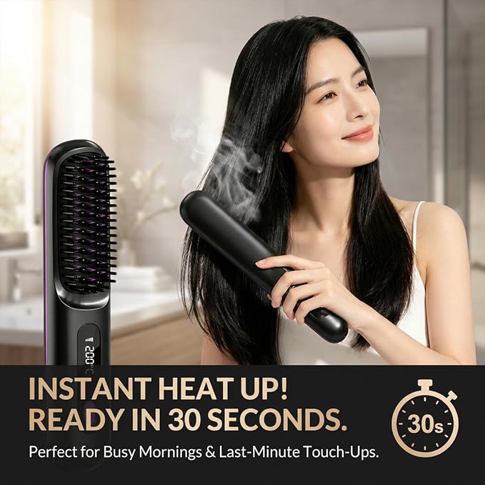 Hair Brush for Short Hair, Straightener Brushs for Travel (Purple) | LCD Temperature Display, Fast Heating Cordless Mini Hair Brushs