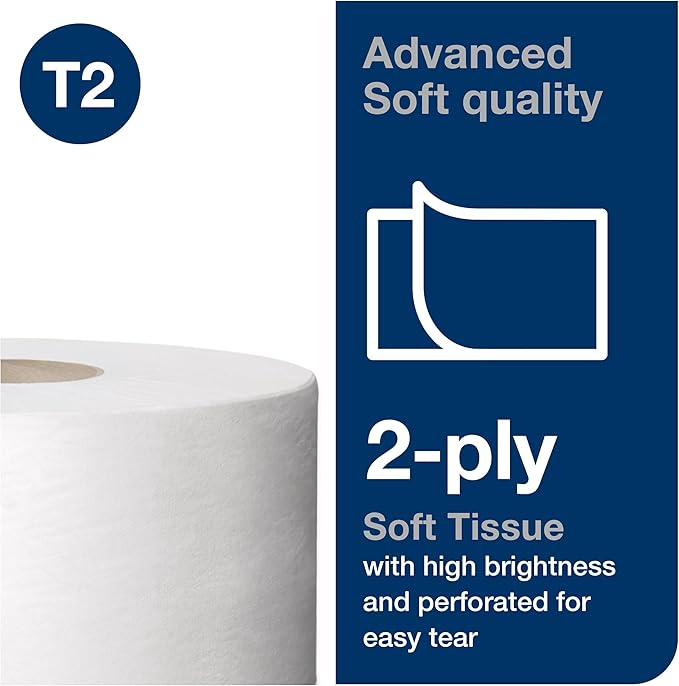 Tork Mini Jumbo Toilet Paper Roll White T2, Advanced, 2-Ply, 12 x 751', 12024402