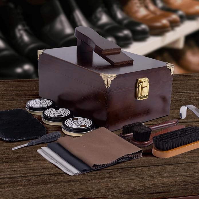 10 Pcs Deluxe Shoe Shine Box Set & Shoe Care Polish Kit with Foot Rest, Wooden Care Tools Storage Box Perfect for Multi- Leather Shoes