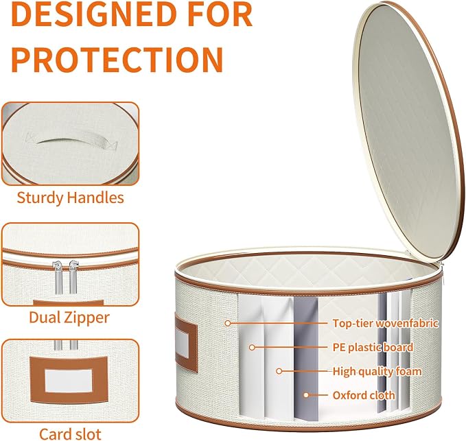 Aokeyee 4-Piece Plate Storage Set, Hard-Shell Dinnerware Organizer, Ivory | With 48 Soft Felt Dividers for Saucer, Dessert, Salad and Dinner Plates, Dual Zippers, Handles, Stackable, Moving & Storage