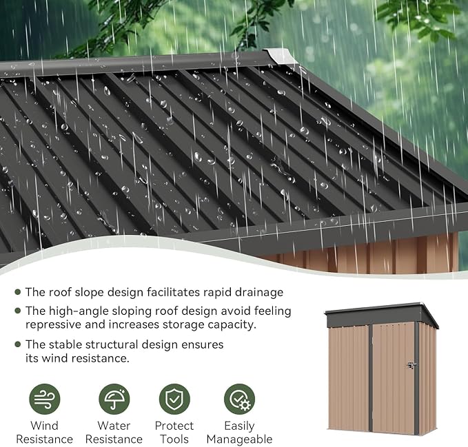 Aoxun 5’x3’ Shed Outdoor Storage Shed, Brown | Metal Shed with Lockable Doors & Slooping Roof Garden Tool Shed for Backyard, Patio, Poolside