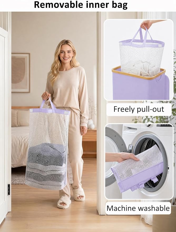 iEGrow Laundry Hamper with Lid, 110L Large Laundry Basket with Removable Bag, Clothes Basket Hamper with Bamboo Frame for Clothes Towels Organizer- Purple