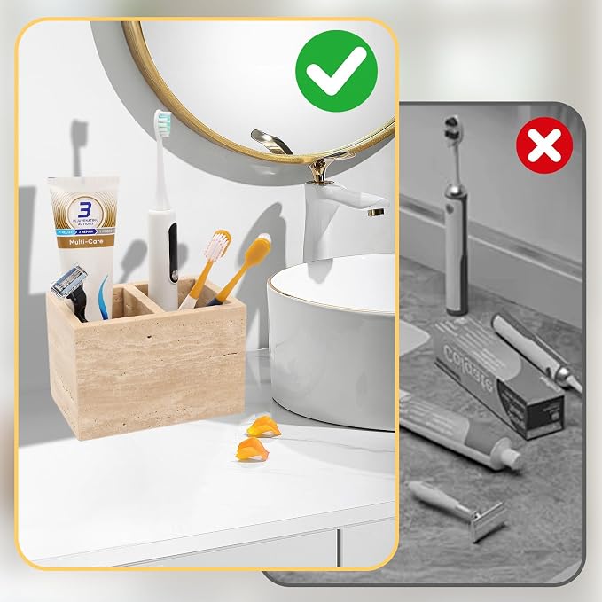 Travertine Toothbrush Holders,Natural Stone Toothbrush Holder with 2 Slots,Heavy Duty Tooth Brush Holder for Bathroom