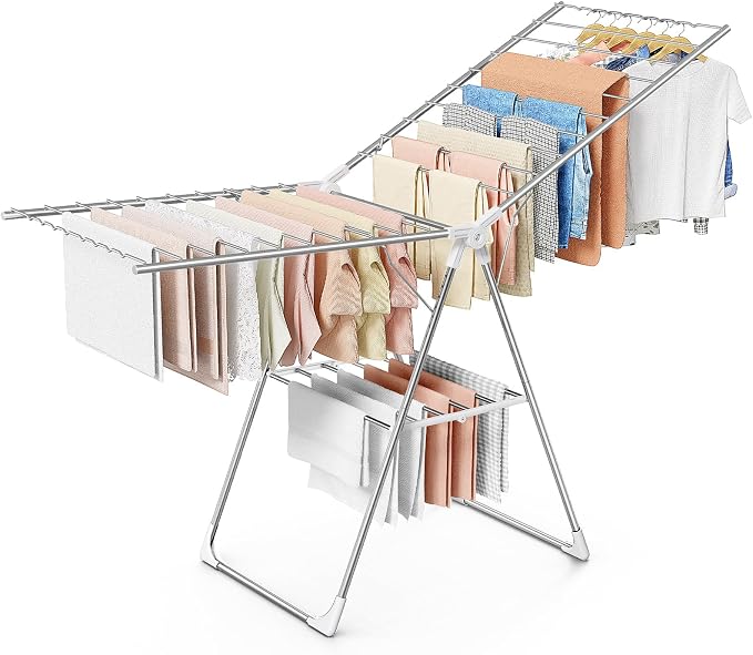Sakugi Clothes Drying Rack with Height-Adjustable Wings, Metal Foldable Laundry Dryer Stand for Clothing & Bedding, Free-Standing Collapsible for Indoor & Outdoor Use, 69.5" L × 22.8" W, Silver White
