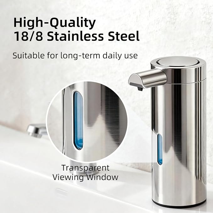 Automatic Soap Dispenser, 2-Pack, 12 fl oz, Stainless Steel, Touchless | Liquid Hand Soap Dispenser, Variable Dispense, Rechargeable, No-Drip Spout, For Kitchen and Bathroom (Silver)