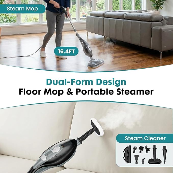 OLIXIS 10-in-1 Steam Mop, 1550W Detachable Handheld Steam Cleaner for Floor Cleaning, 16FT Cord, 2 Washable Pads, Multi-Purpose Floor Steamer for Hardwood, Carpet, Tile, Grout, Windows, Black Grey