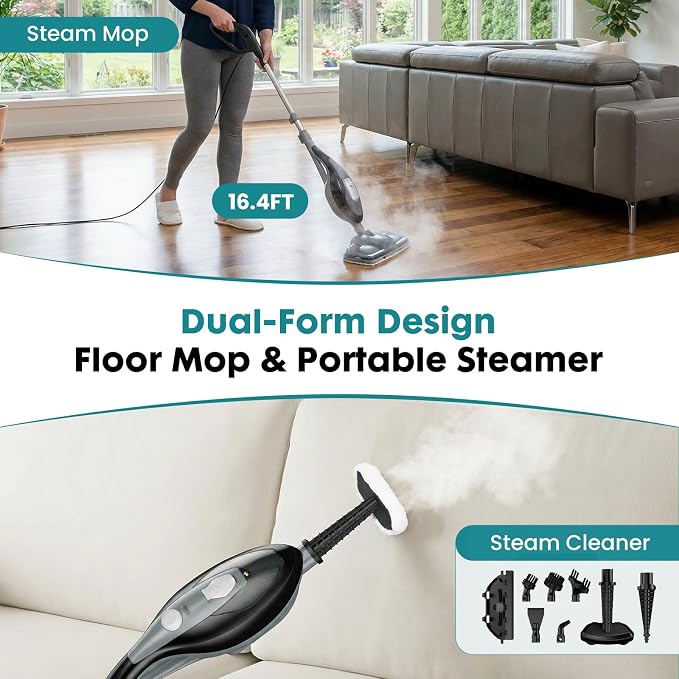 DUMOS 10-in-1 Multifunctional Steam Mop, 1550W Detachable Handheld Steam Cleaner, 16FT Power Cord with 2 Reusable Pads, Floor Steamer for Hardwood, Tile, Carpet, Grout, Windows