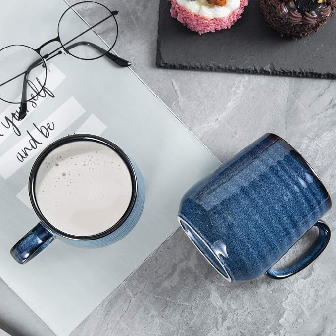 HASENSE Coffee Mugs Set of 4, 12 Ounce Ceramic Coffee Cups with Handle, Large Mug Set for Latte, Tea, Chocolate, Modern Cup Gift for Men and women, Dishwasher & Microwave Safe(Blue)
