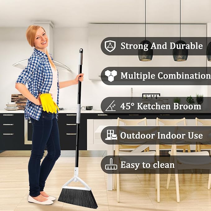Heavy Duty Angle Broom 4 Pack - White Broom for Outdoor & Indoor, Garage, Driveway, Sidewalk, Kitchen & More, Long Handle