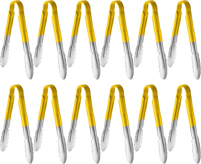 New Star Foodservice 35889 9-Inch Utility Spring Tongs, Stainless Steel, Vinyl Coated, Set of 12, Yellow