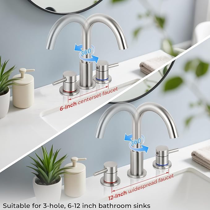 Bathroom Faucet 3 Hole, Brushed Nickel Bathroom Sink Faucet with Pop Up Drain, 8 inch Widespread Bathroom Faucet with 360° Swivel Spout, 2 Handle Vanity Faucet with Water Supply Hoses