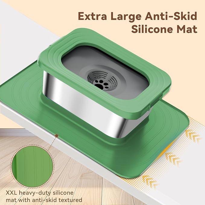 10L No Spill Dog Water Bowl Stainless Steel for Messy Drinkers | Large Capacity Slobber Stopper, Slow Drinking Anti Splash Design, XXL Silicone Mat, For Large Dogs & Multi-pet Homes, Green