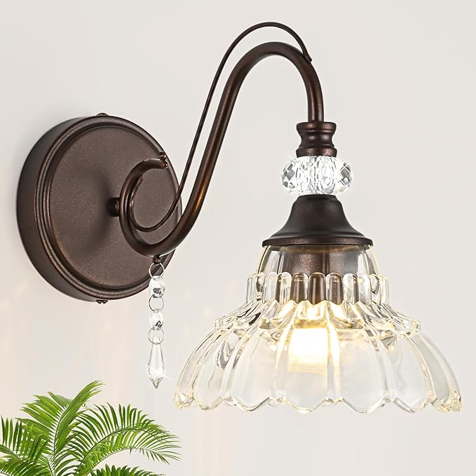 1 Piece Oil Rubbed Bronze Finish Wall Sconce, 1-Light Modern Wall Sconce with Hanging Crystal Accents and Flower-Shaped Clear Shades for Bathroom Bedroom Living Room,Modern Vanity Light