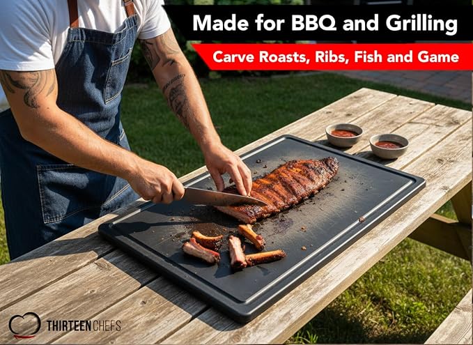 Thirteen Chefs Extra Large 30 x 18 Inch Grooved Cutting Board - Carving Meat, BBQ, Fish, Meat and Game – 1/2 Inch Thick Black HDPE Plastic, 10 pounds