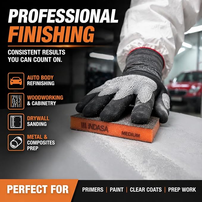 Indasa Rhyno Double Sided Sanding Sponge Pads – Aluminum Oxide, 4.75" x 3.75" x 1/2" – Flexible Foam Sanding Block (100 Pack) (Orange – Medium (120–220 Grit))