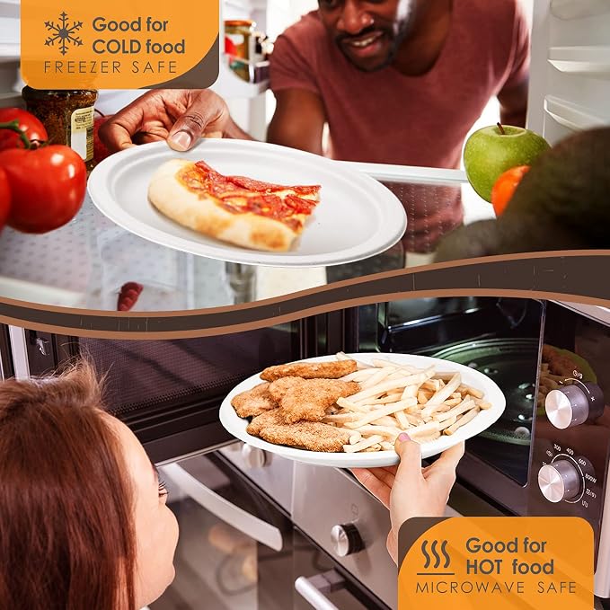 Gezond Compostable Paper Plates 350pcs Disposable Plates for Wedding Party Eco-friendly Sugarcane Plates Biodegradable Cutlery Forks Knives Spoons Cups and Straws for 50 People White