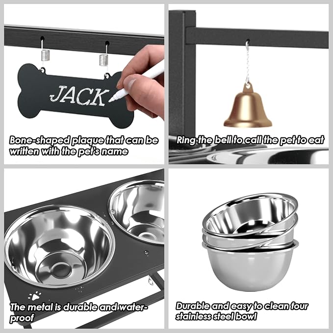SHAINFUN Elevated Dog Bowl Stand with 4 Stainless Steel Bowls (58oz) & 1 Slow Feeder, 9 Height Adjustable Raised Dog Bowl from 4.9" to 14.5" for Large Dogs & Multi-Pet Homes