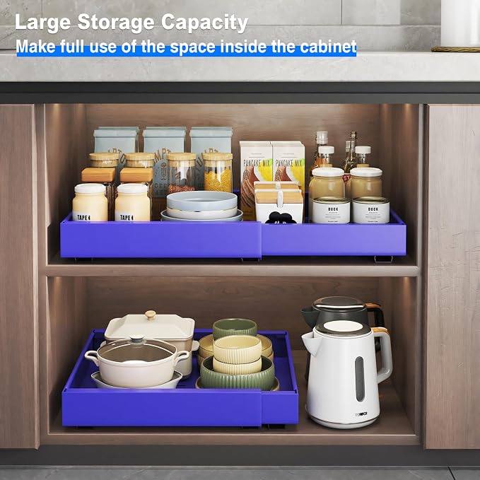 Mustorn 2 Pack Pull Out Cabinet Organizer, Expandable Slide Out Drawers for Kitchen Cabinets Peel and Stick Pullout Drawer Heavy Duty Sliding Shelves for Cupboard, Pantry, Bathroom(16.5" Deep, Blue)
