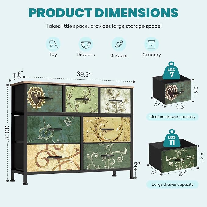 OLIXIS 7 Drawer Dresser Wood top Fabric Storage Tower Bedroom Living Room Hallway entryway Organizer Floral Painted Compact Storage Chest for Clothes Essentials Durable Modern Furniture Home use