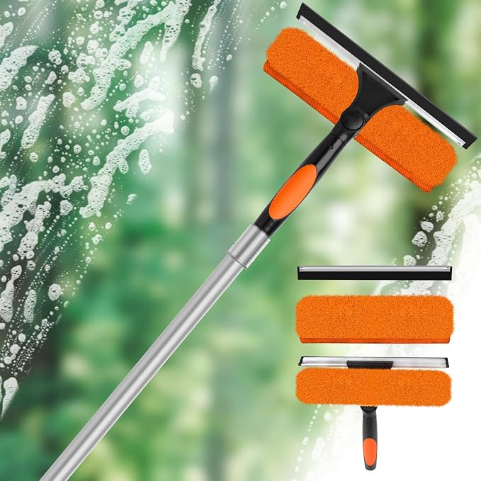 18FT High Window Cleaning Kit with Pole,2 in 1 Window Squeegee,3-12FT Professional Window Clean Pole Kit,2 Squeegee & 2 Microfibre Cloths,180°Rotatable Squeegee for Indoor/Outdoor High Windows