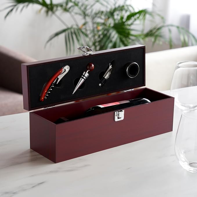 True Cherry 1-Bottle Wine Accessories Gift Set | Premium Corkscrew Opener Kit, Drip Ring, and Wine Pourer and Stopper in Wood Case with Padded Insert